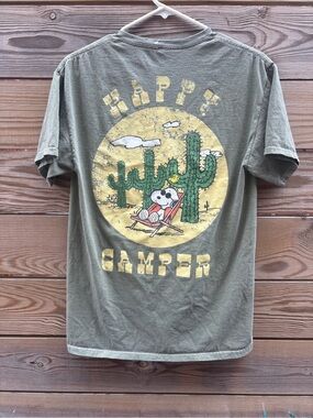 Peanuts Olive Green "Happy Camper" Graphic Tee with Yellow and Green Print